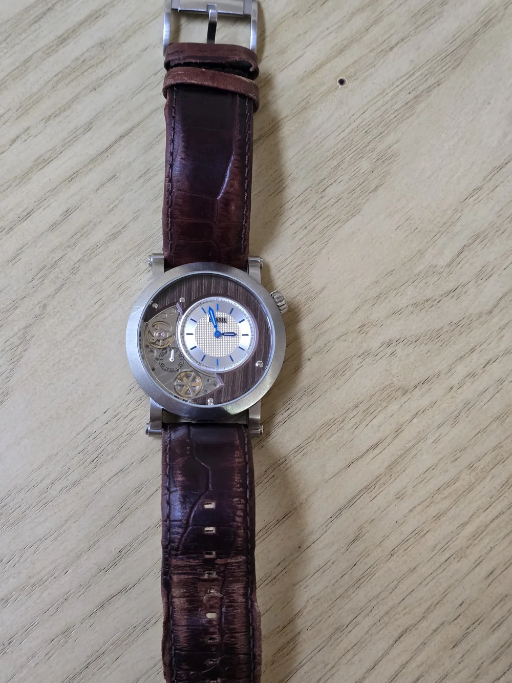 Fossil Men's Brown Leather Automatic Watch with Silver Case
